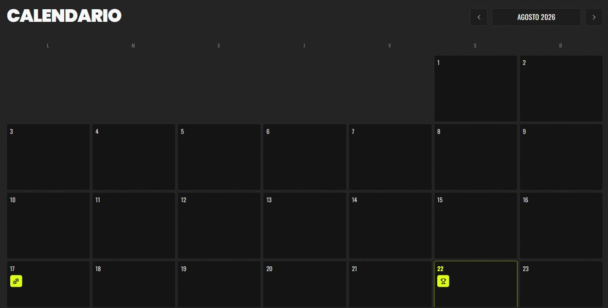 Calendario del equipo con entrenamientos y partidos